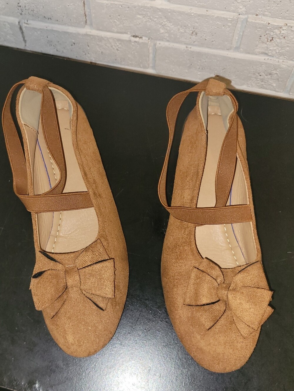 Women's Brown Faux Suede Bow Elastic Strap Ballet Wedges (EU 43 / US 11–11.5)